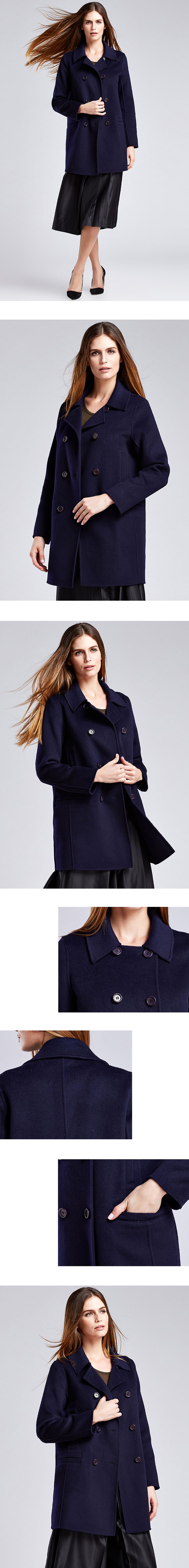 女款深藏青色双排扣双面呢大衣