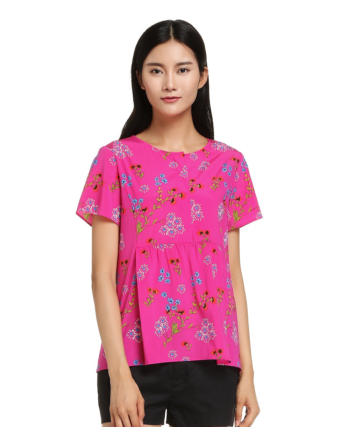 女款百搭斯文花俏短袖上衣玫瑰粉