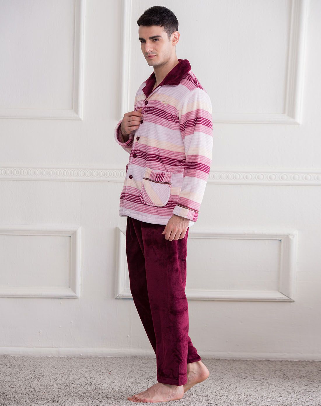 家居服男款紫红/多色法兰绒条纹大方长袖家居服套装e925513029_唯品会