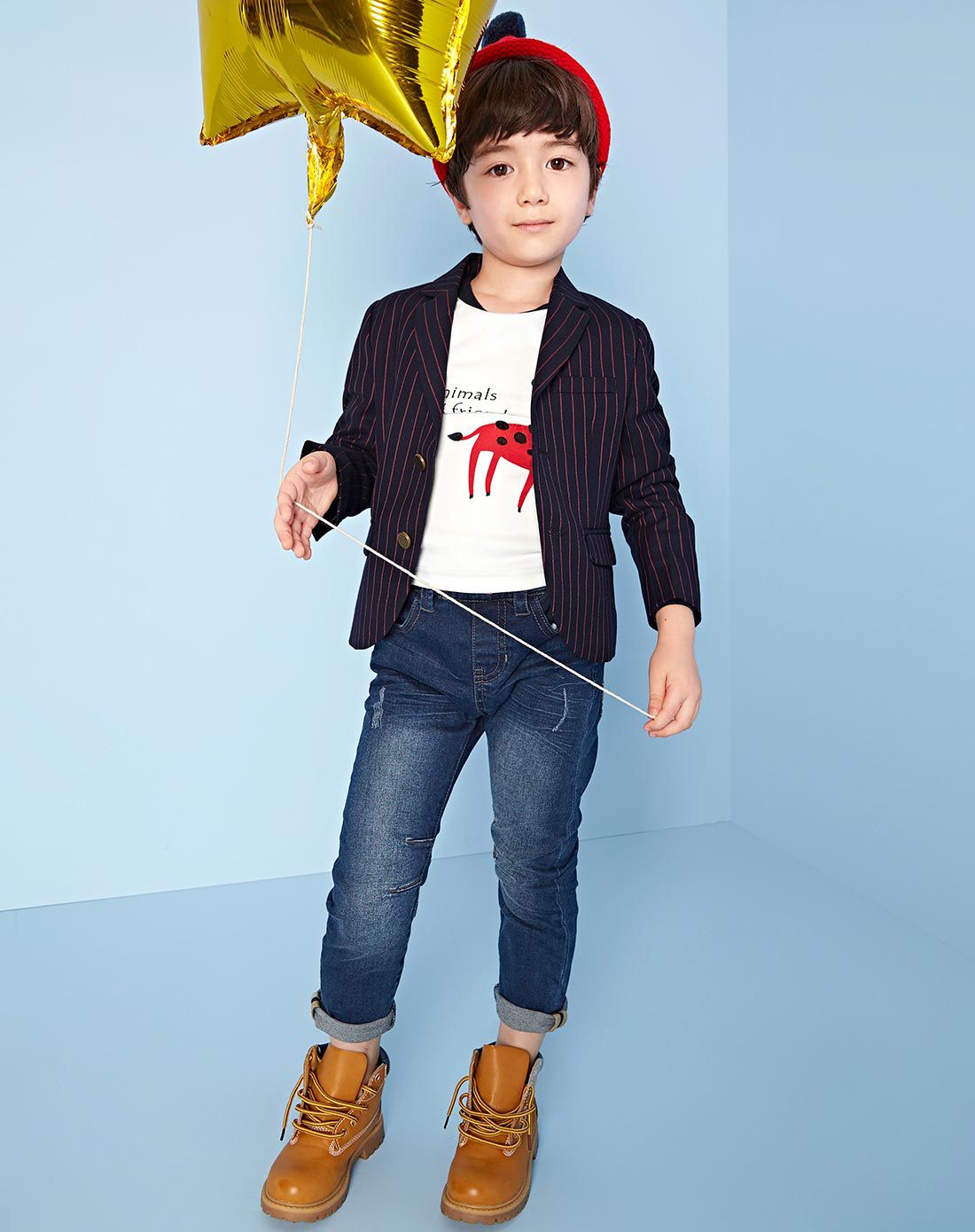 kids童装 男童藏青底红条便西