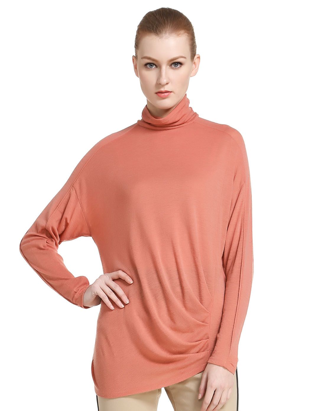 虾粉色前长后短独特下摆长袖羊毛衫