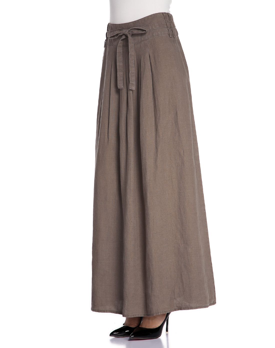 女款咖啡色亚麻时尚文艺范长裙