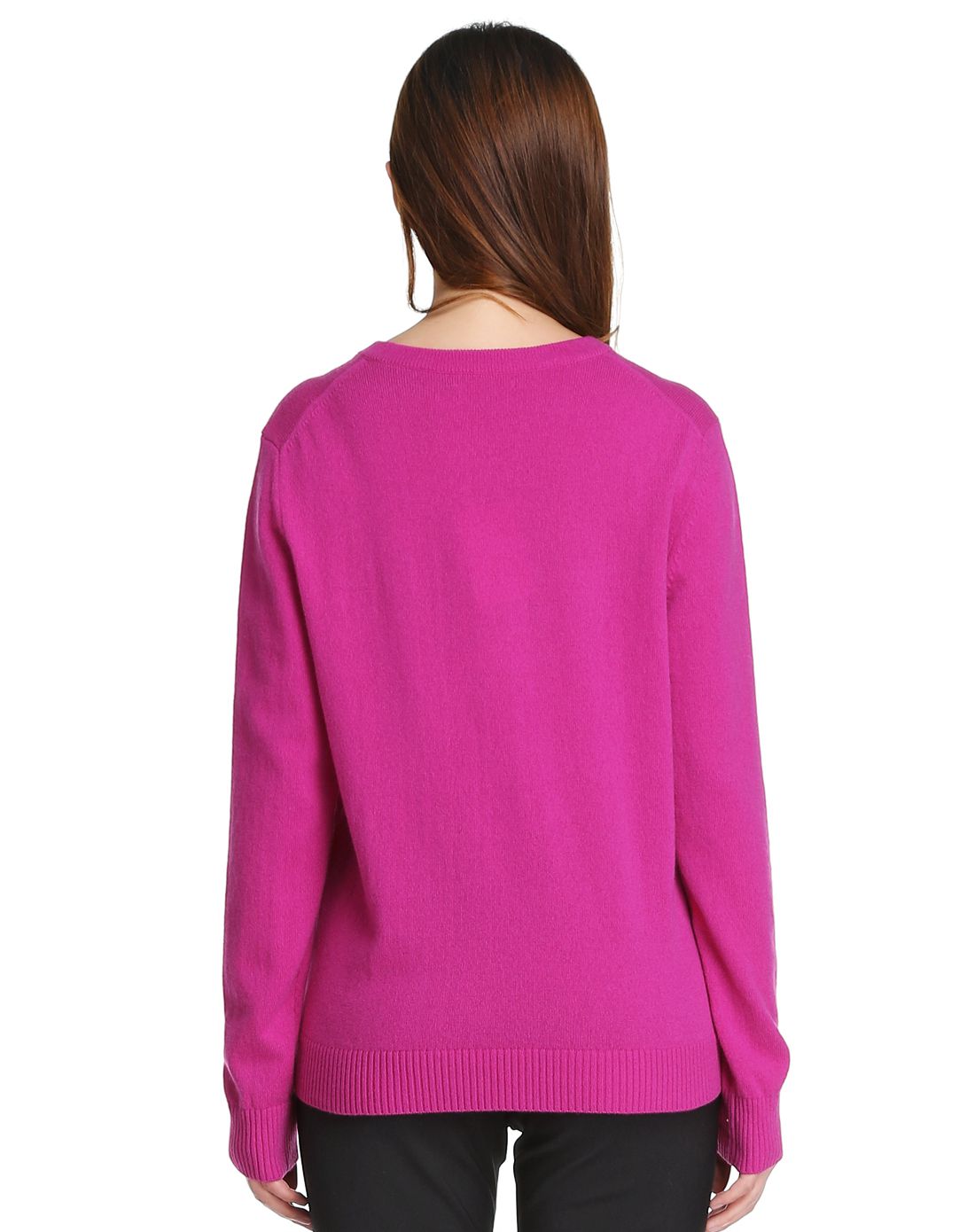 女款浅玫红色斯文简洁长袖山羊绒衫