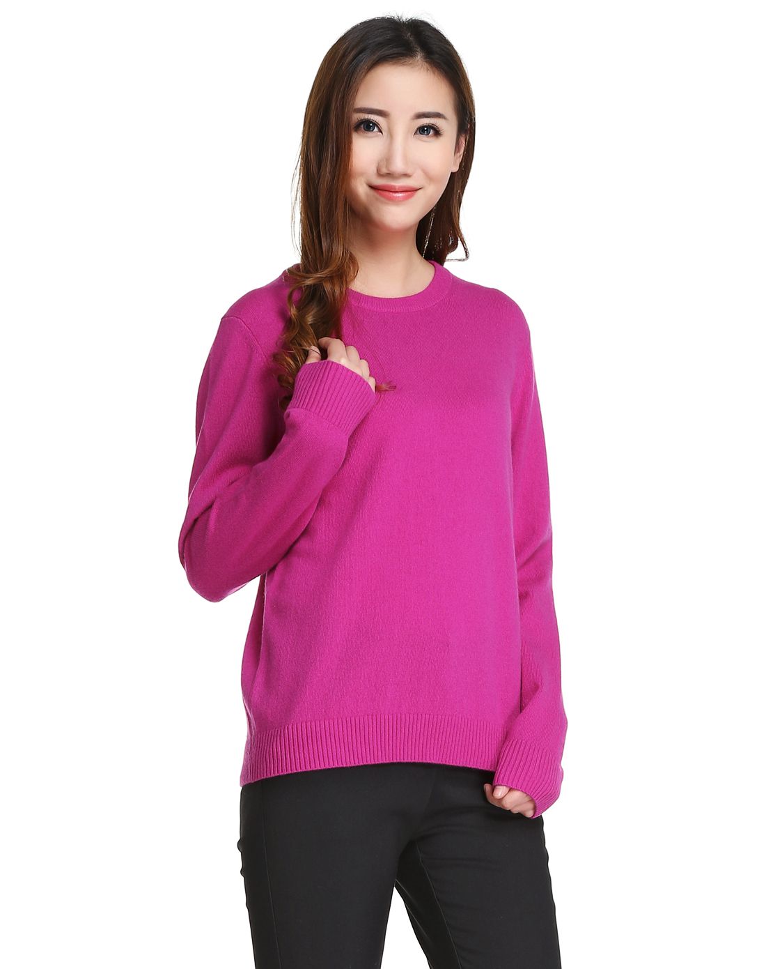 女款浅玫红色斯文简洁长袖山羊绒衫