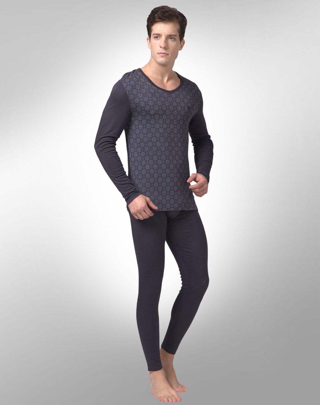 梦特娇男款灰色织纹提花长袖内衣套装
