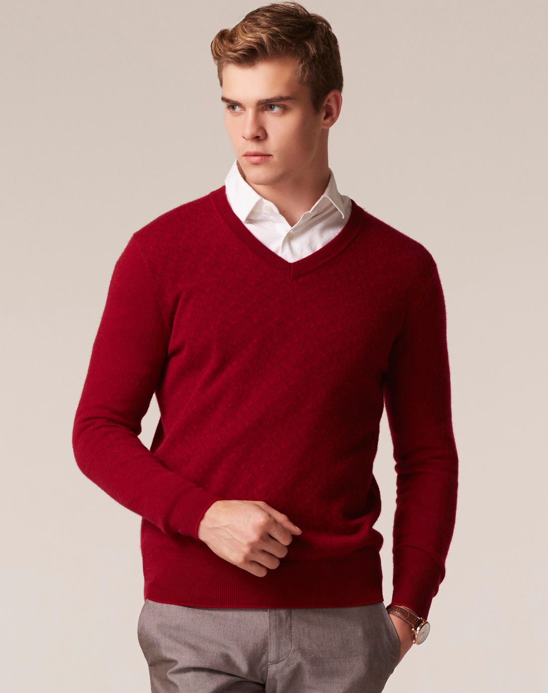 男士红色羊绒加厚提花男v领羊绒衫
