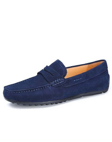 2016春季新款深蓝色反毛皮手工拉线休闲套脚皮鞋