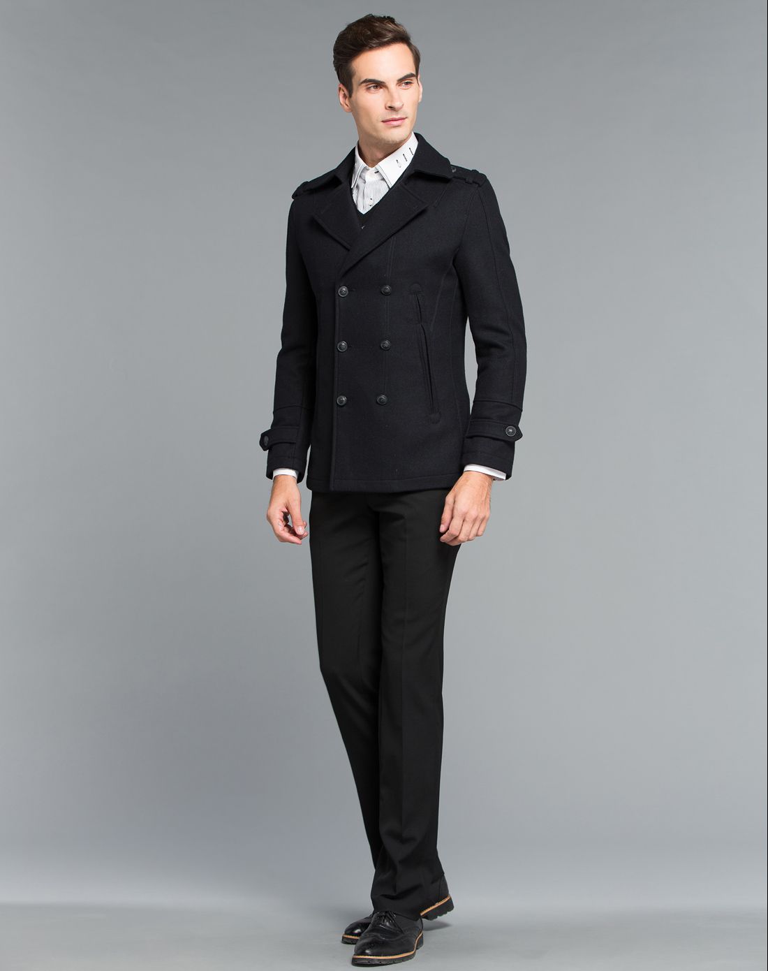 黑藏青色羊毛混纺双排扣长毛呢大衣