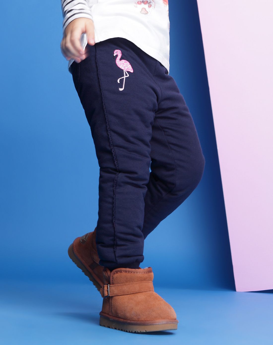 女童深宝蓝色针织加厚保暖棉裤