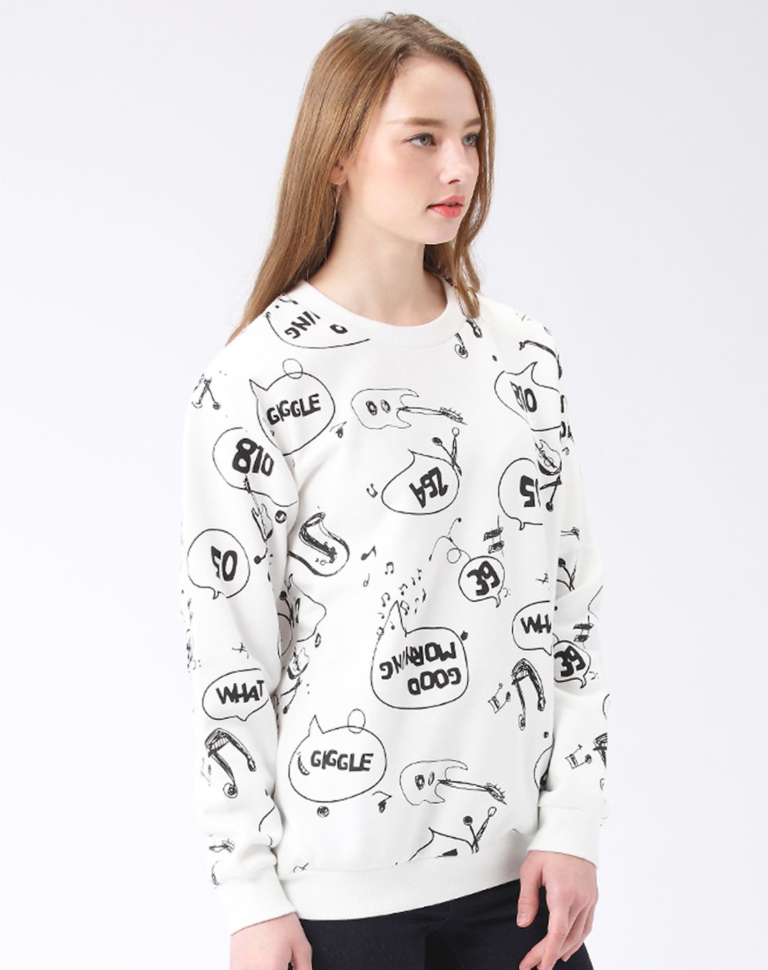 b ab女款白/黑色趣味印花长袖卫衣