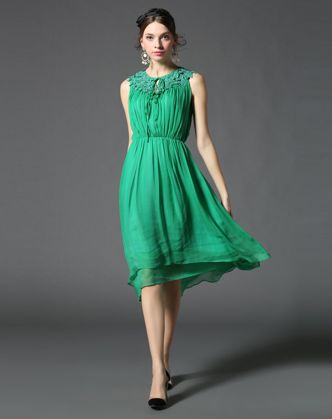 翠绿色波西米亚度假风浪漫真丝长裙