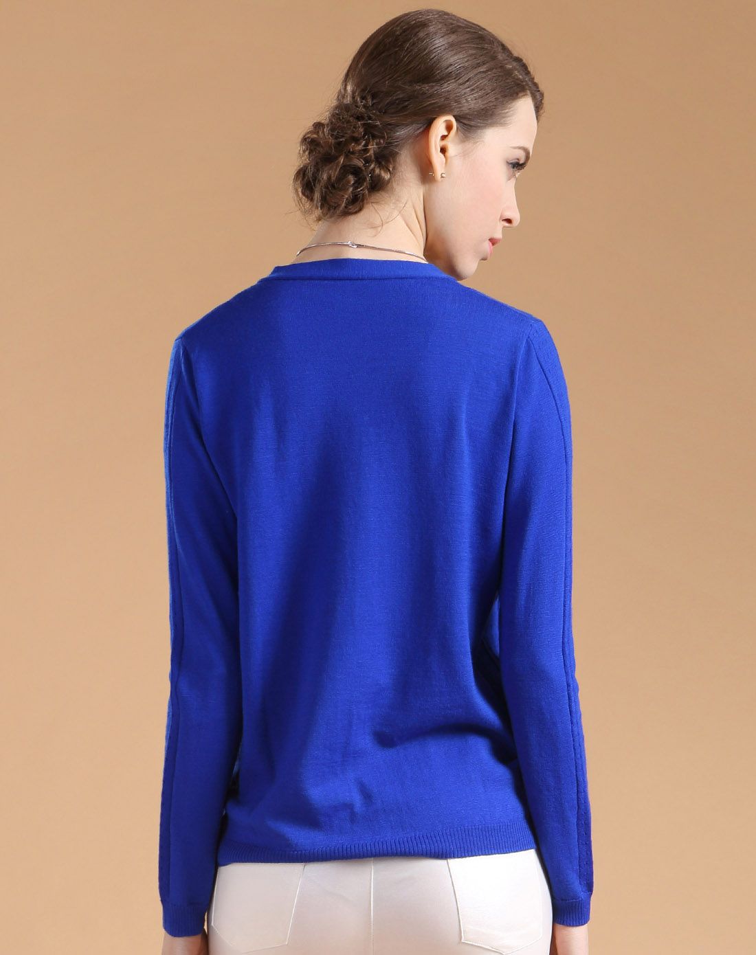 宝蓝色纯羊毛优雅气质舒适系扣针织衫