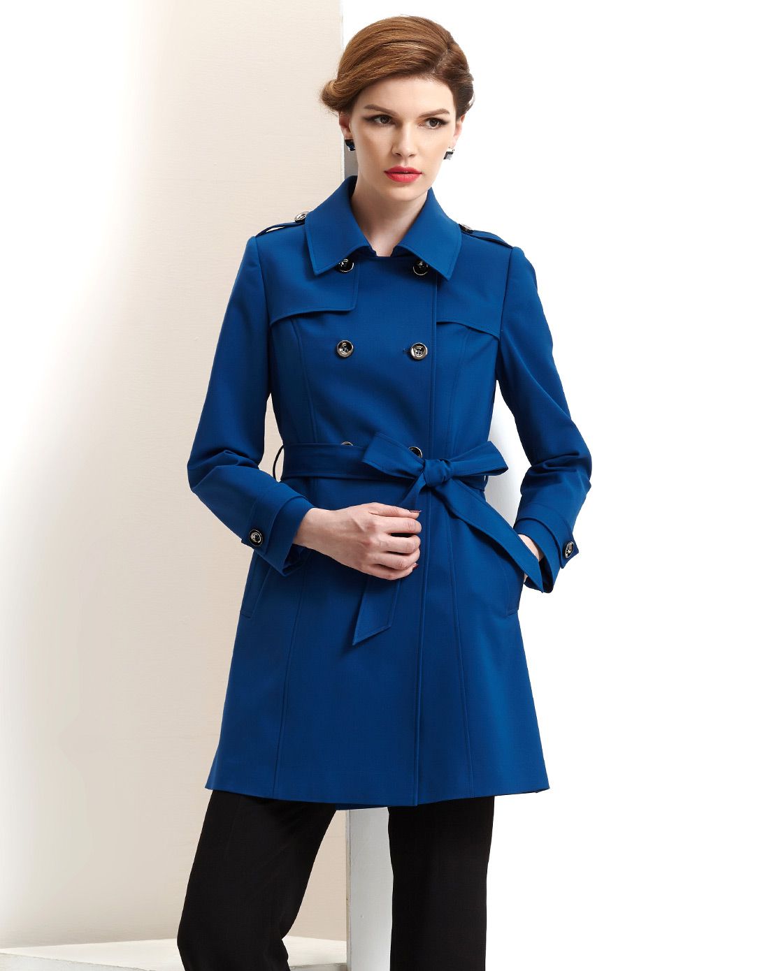 湖兰色英伦翻领双排扣外套风衣