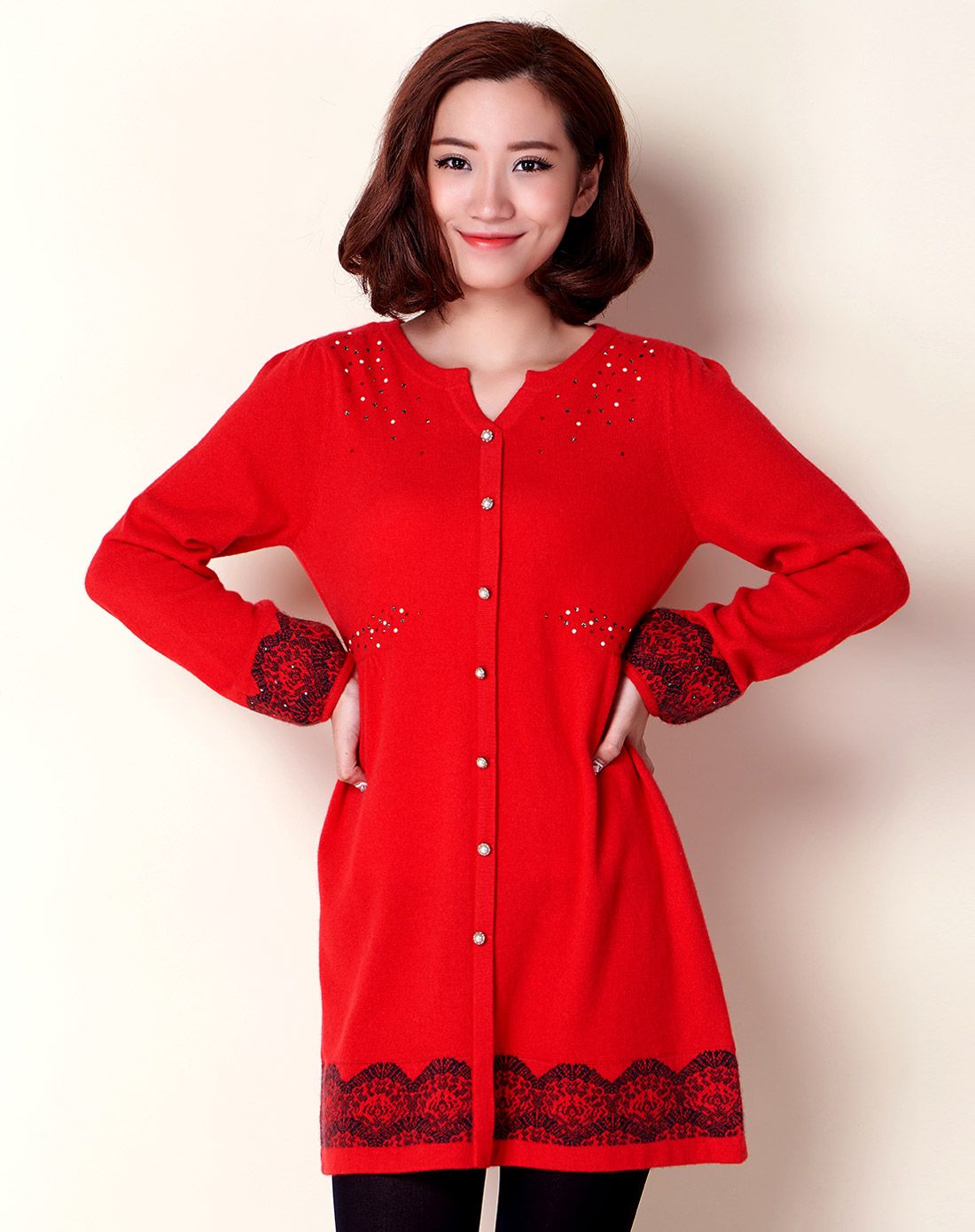 女款提花浅红低圆领长袖羊绒衫