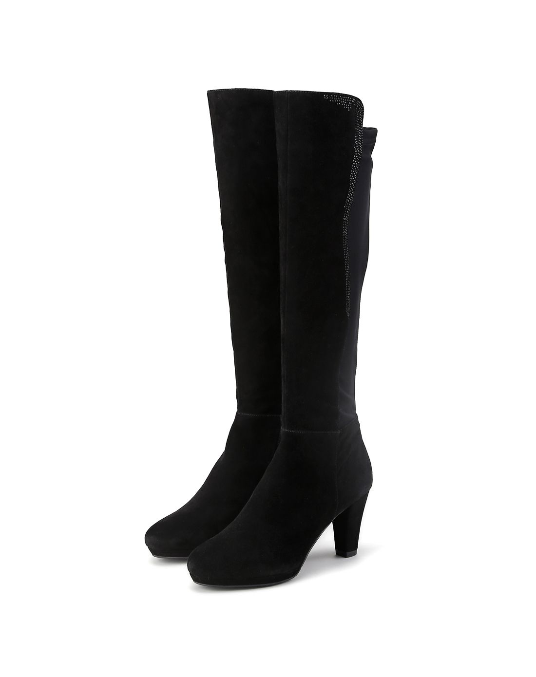 jb martin女士黑色羊反毛拼接烫钻高跟及膝长靴