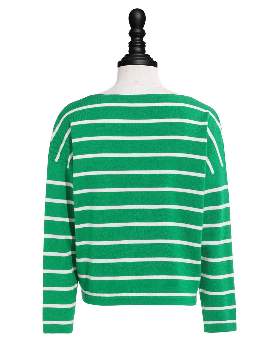 绿白间条圆领间条套头毛衣