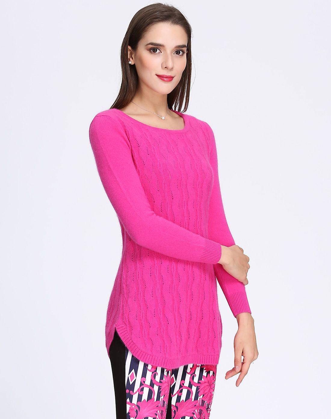 超细美丽诺羊毛玫瑰紫红打底衫