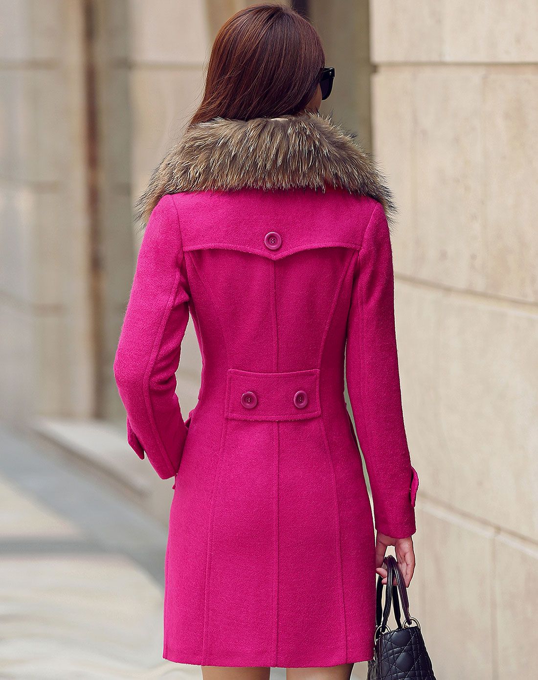玫红色气质修身显瘦毛领双排扣中长款毛呢大衣
