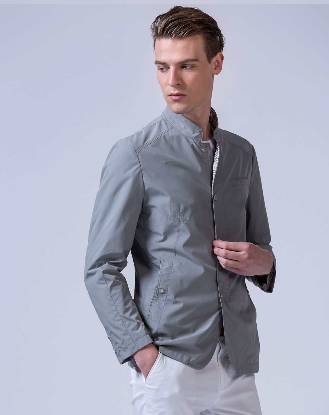 男士水灰色休闲时尚立领单茄克