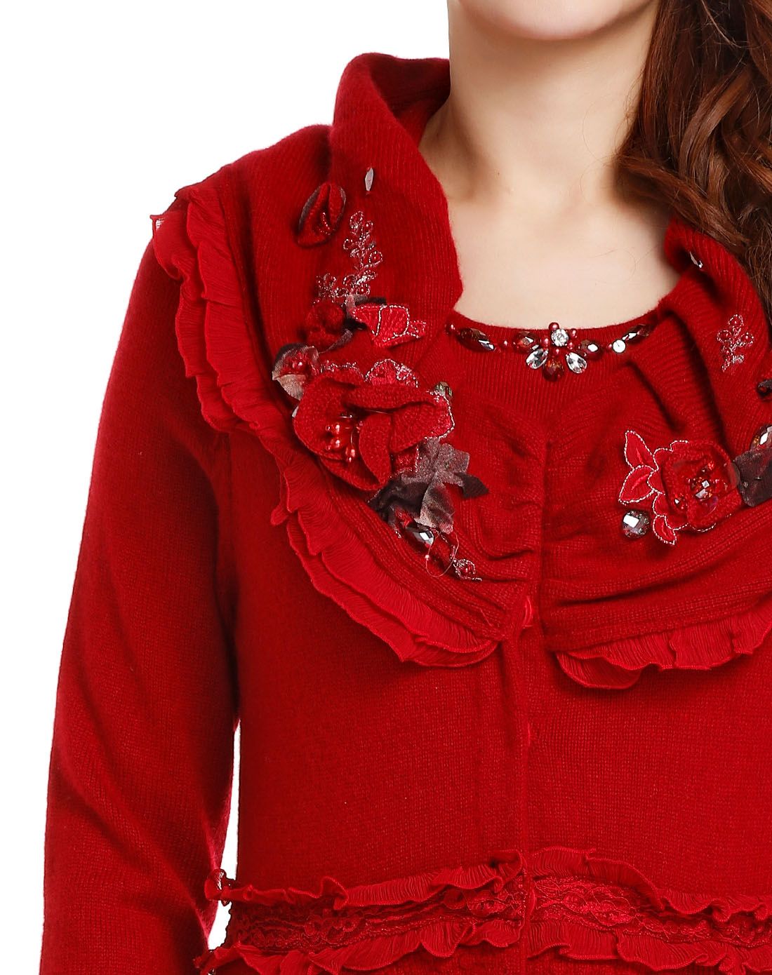 深红色修身翻领长袖中长款针织外套