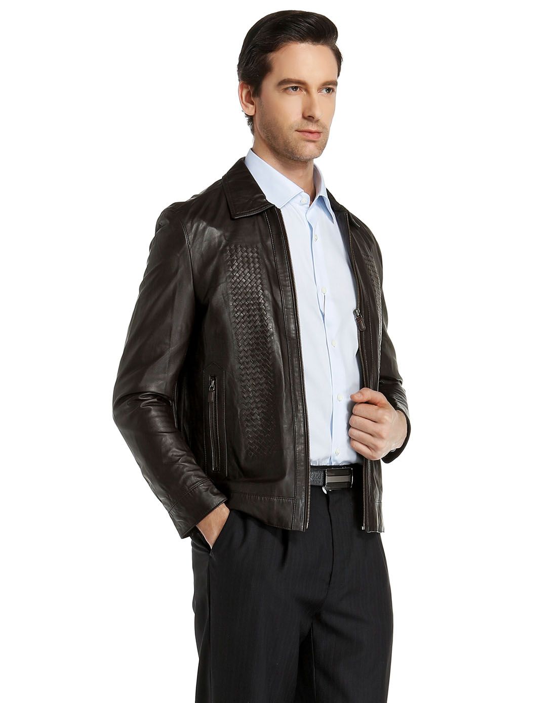 沙驰咖啡色帅气时尚长袖皮衣812671021-021_唯品会