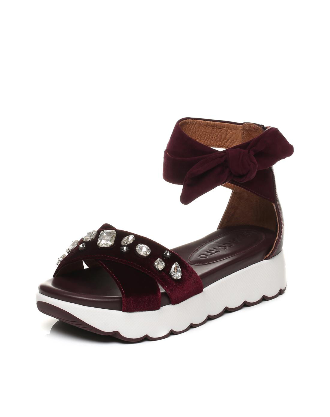 思加图 2017年夏季休闲水钻毛绒布蝴蝶结女皮凉鞋