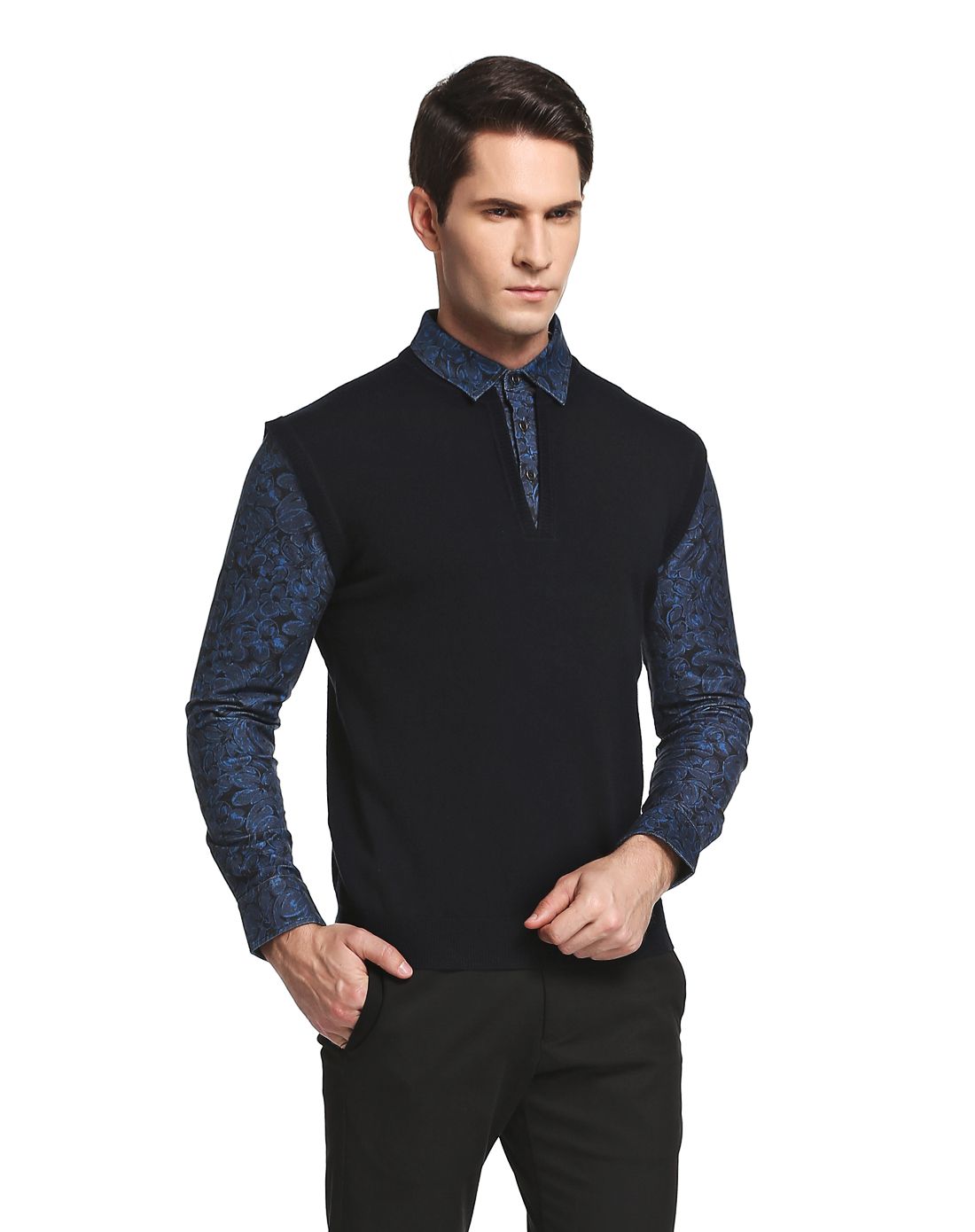 卡奴迪路canudilo 印花拼接长袖羊毛衫 秋装/冬装 藏蓝色 48