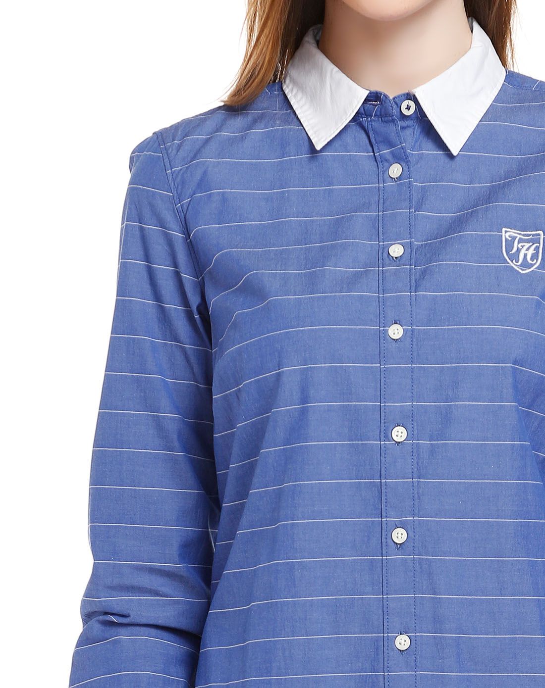 蓝色休闲条纹长袖衬衫