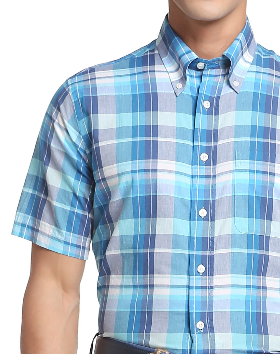 mainline男款淡蓝色系格子纯棉衬衫
