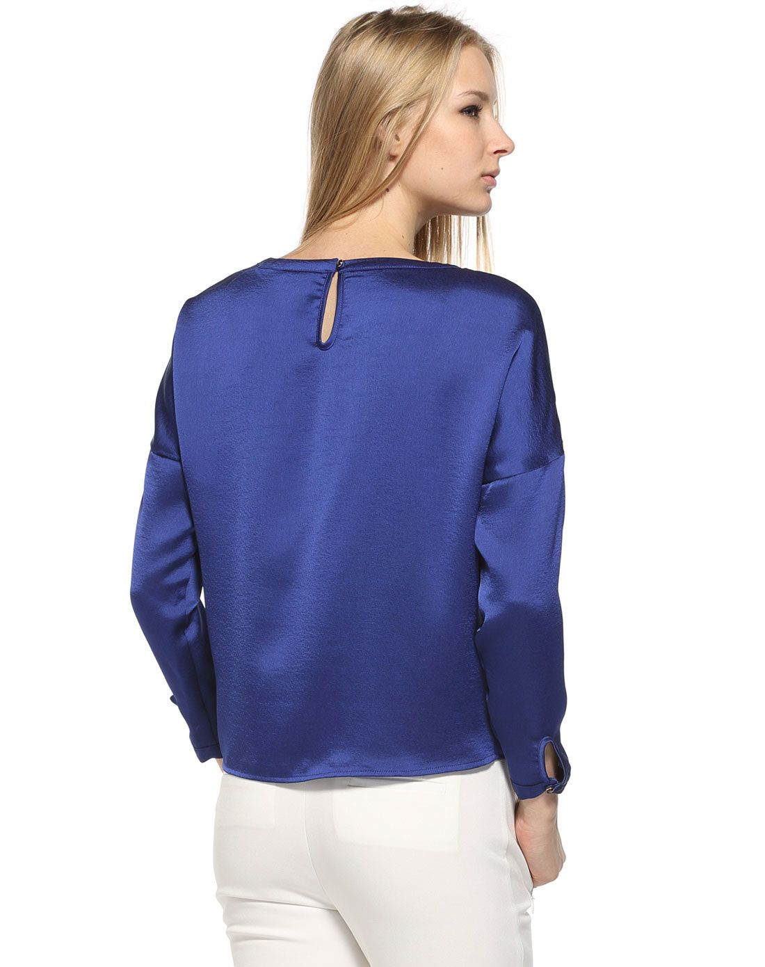 宝石蓝时尚条纹拼接纯色套头上衣