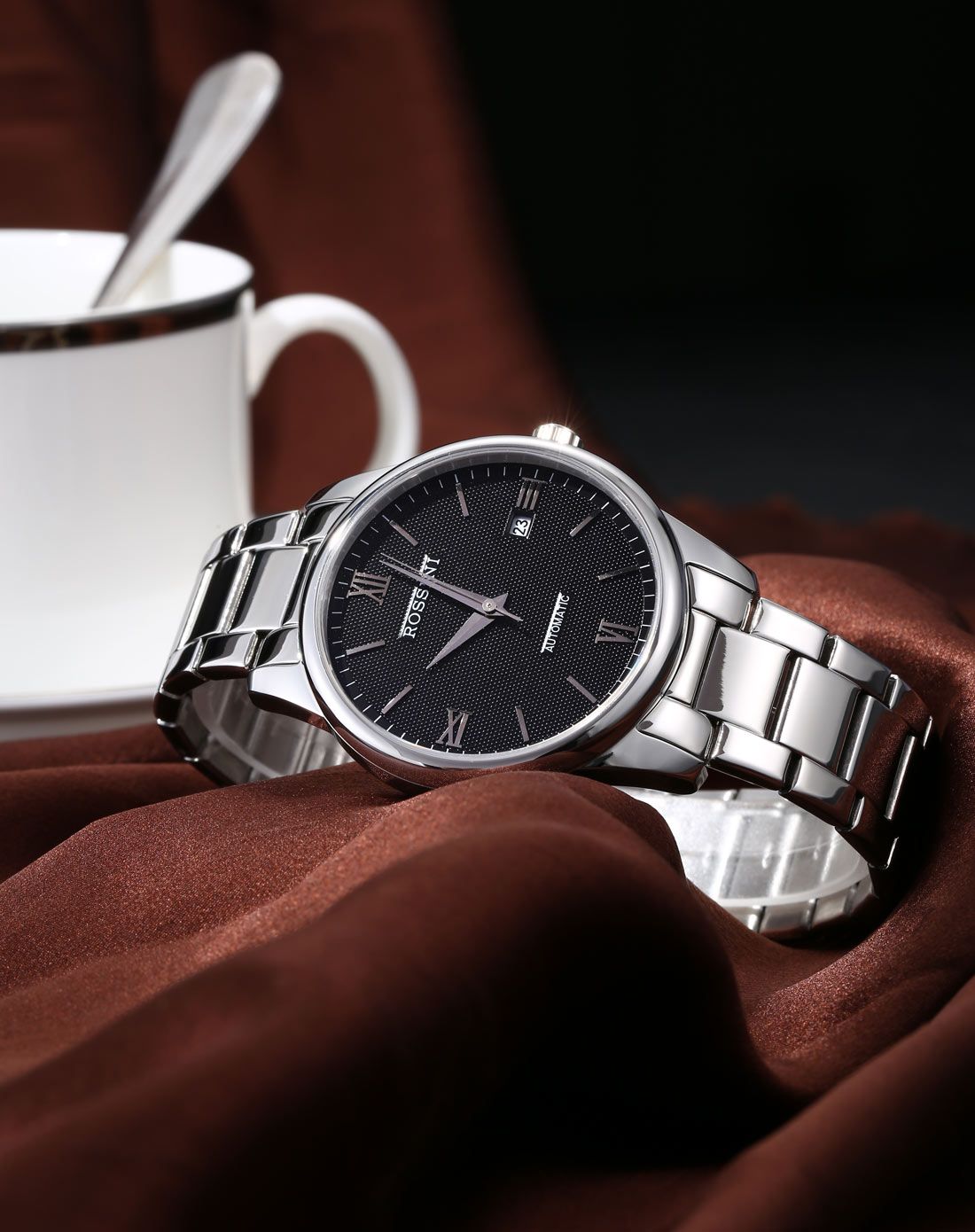 罗西尼rossini手表专场 罗西尼雅尊商务不锈钢进口机械黑盘男表5507