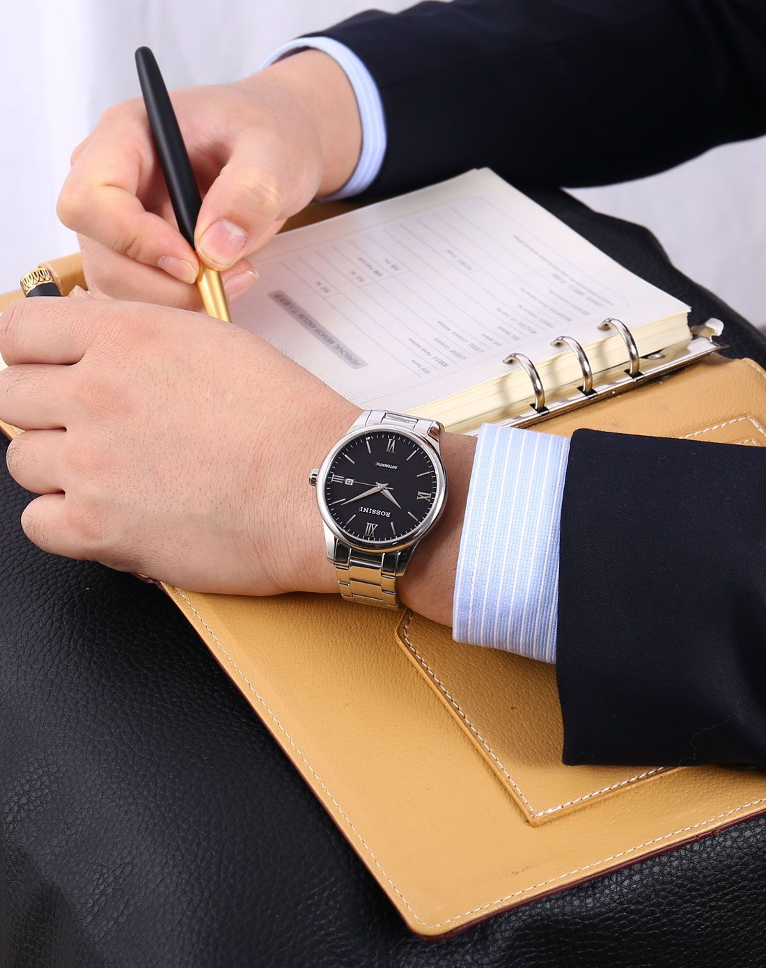 罗西尼rossini手表专场 罗西尼雅尊商务不锈钢进口机械黑盘男表5507