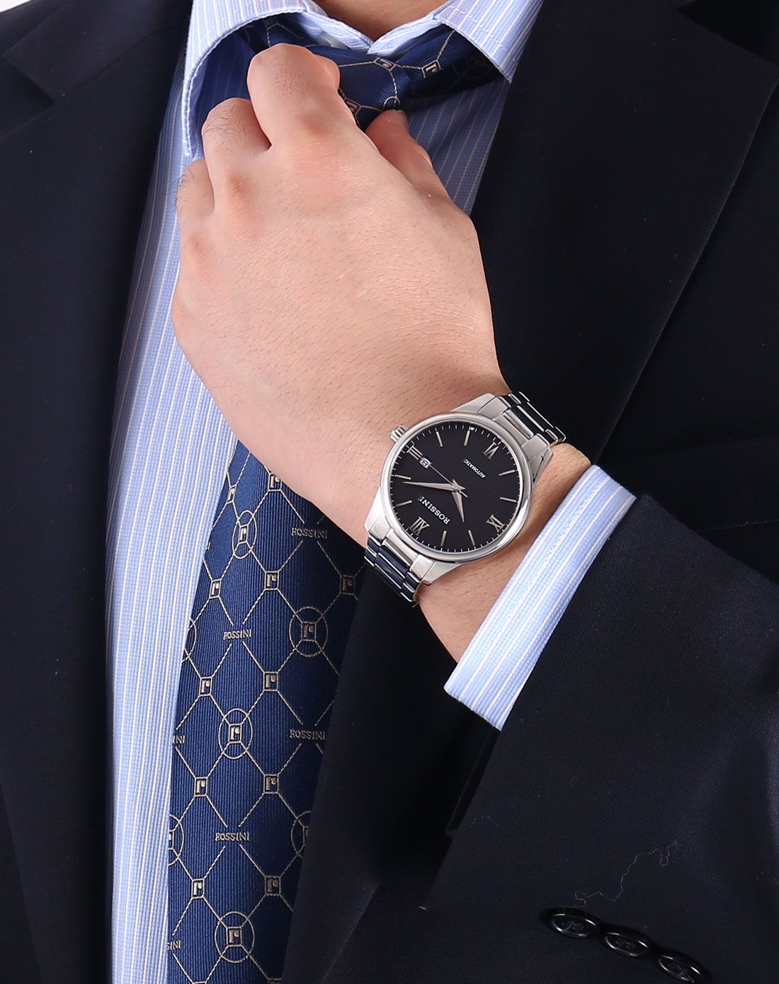 罗西尼rossini手表专场 罗西尼雅尊商务不锈钢进口机械黑盘男表5507