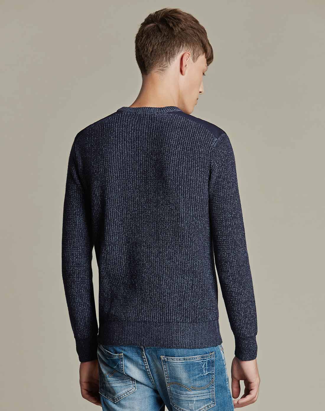 深蓝灰色纯棉柔软贴布舒适毛衣