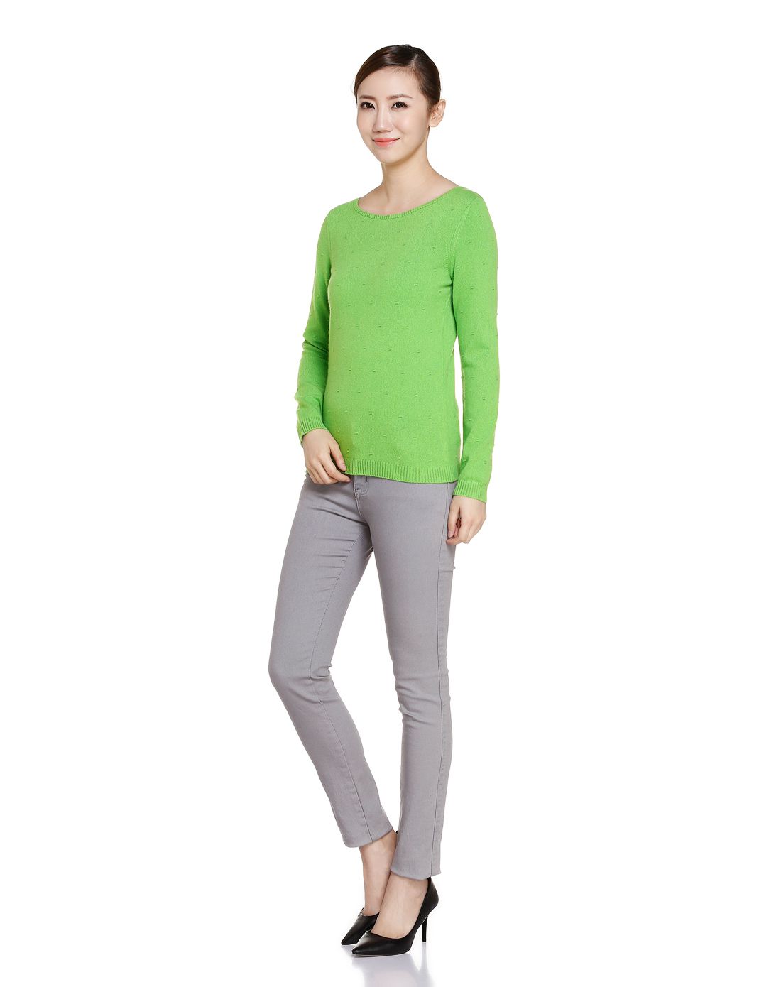 豆蔻绿色圆领休闲长袖山羊绒衫