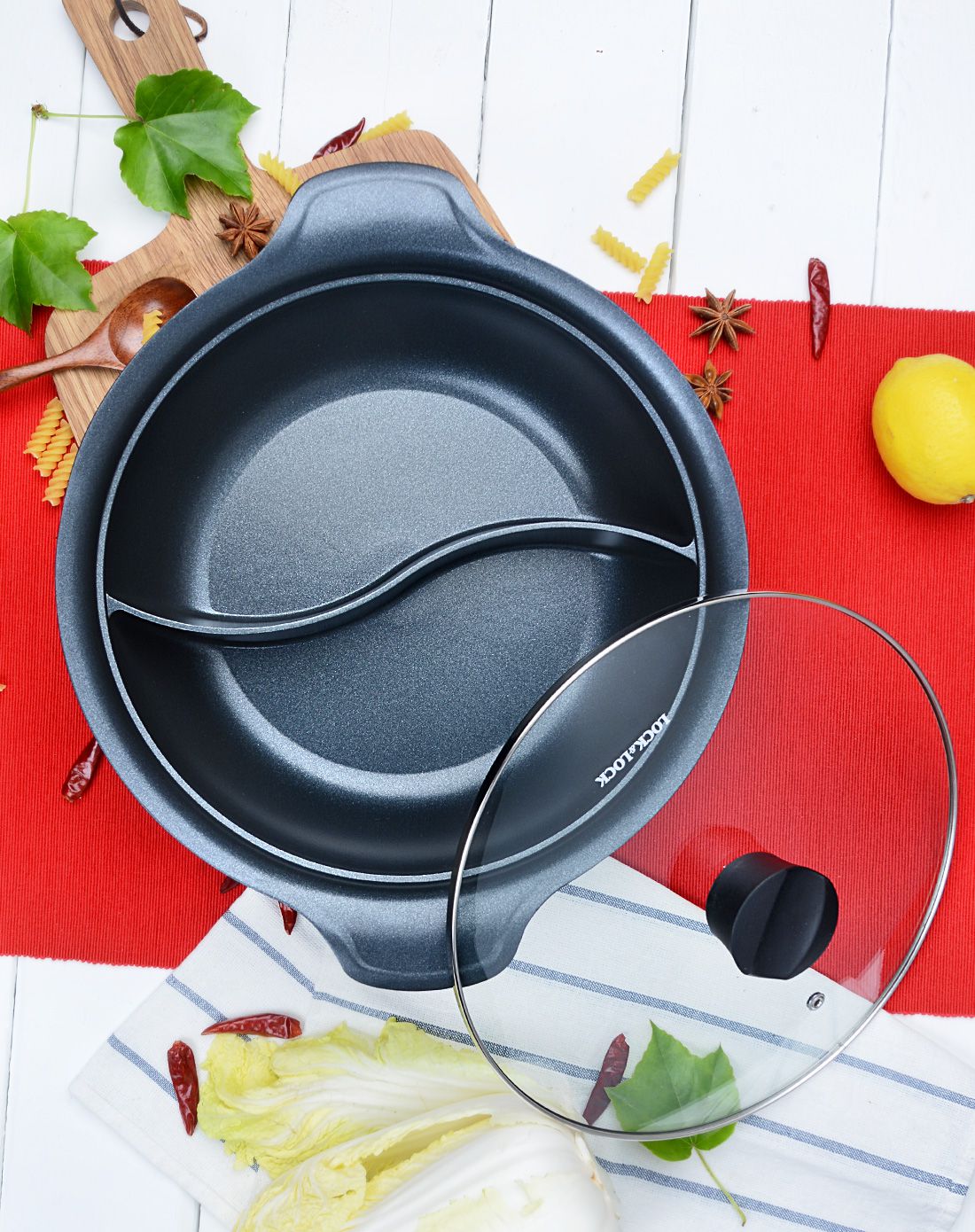 乐扣乐扣不锈钢复底不粘汤锅鸳鸯锅火锅带玻璃盖27cm