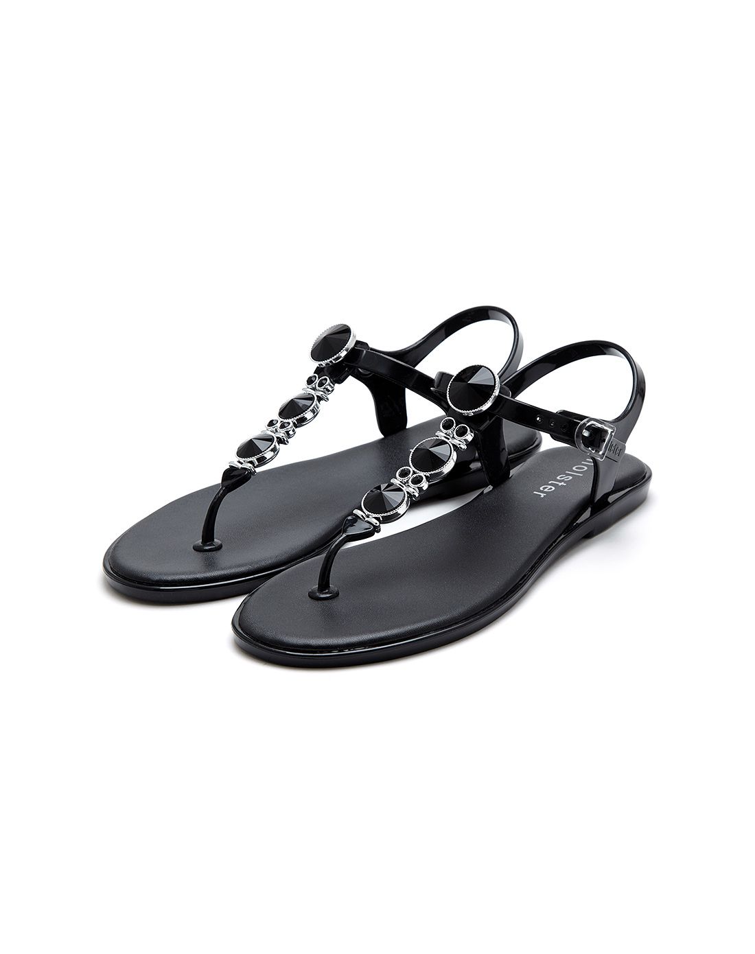 碳晶黑 珠钻 镶饰平底t字夹趾凉鞋