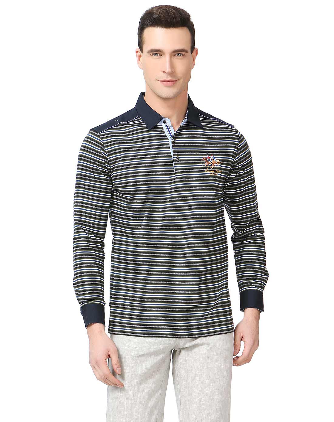 黑灰蓝条纹翻领全棉长袖保暖t恤