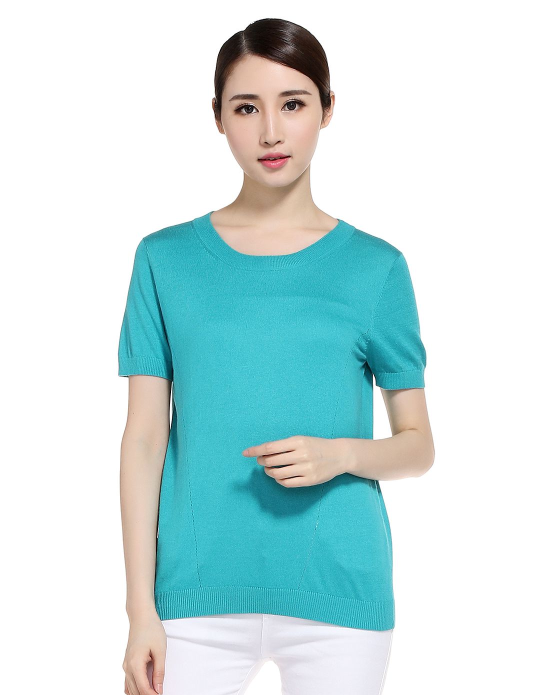 女款蓝绿色简约休闲短袖针织衫