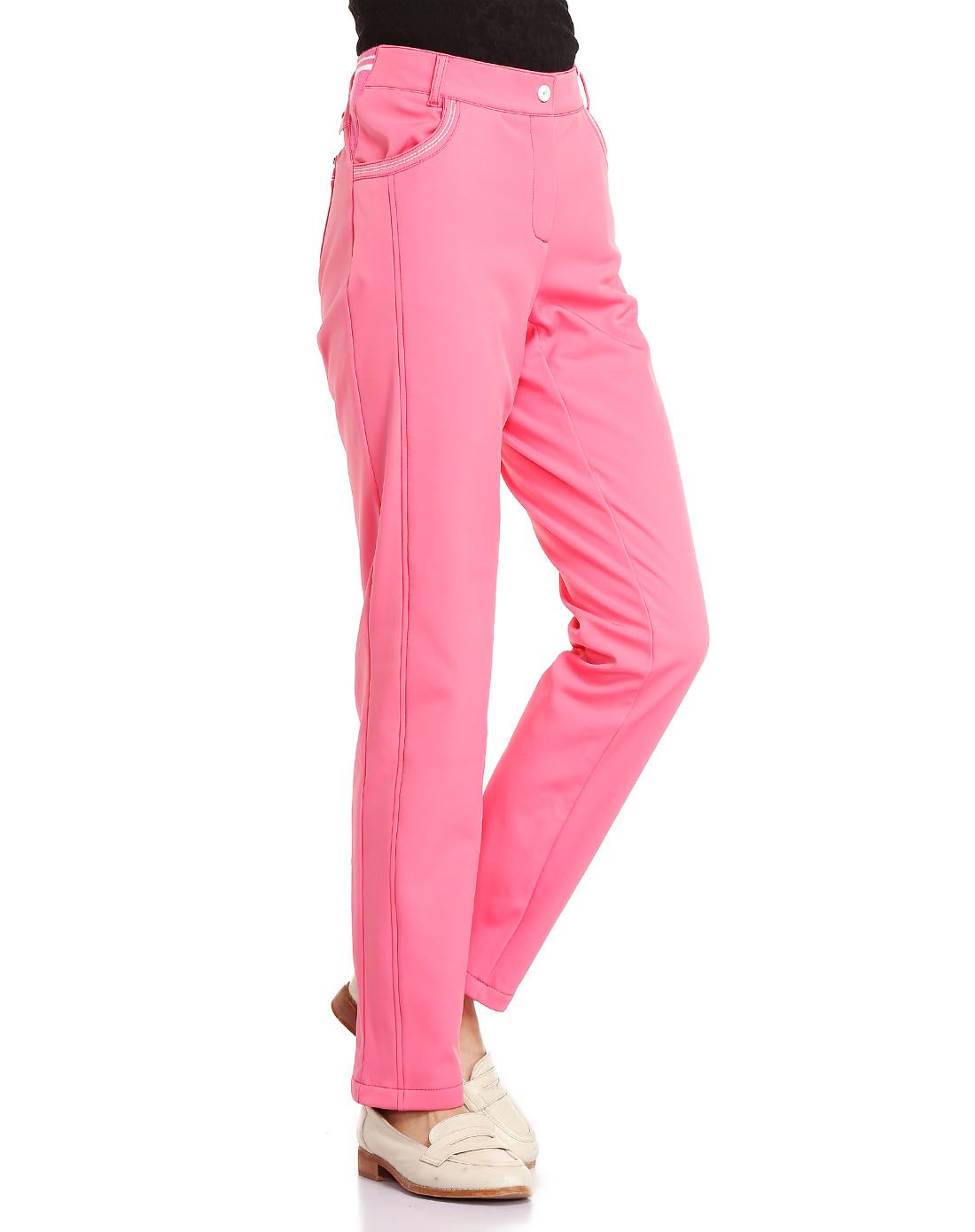 舒适弹力 女款桃红色长裤 保暖里绒