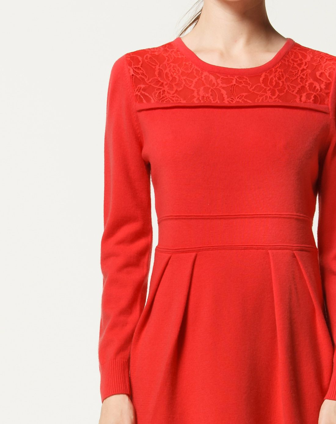 超细美丽诺羊毛茜红色圆领连衣裙