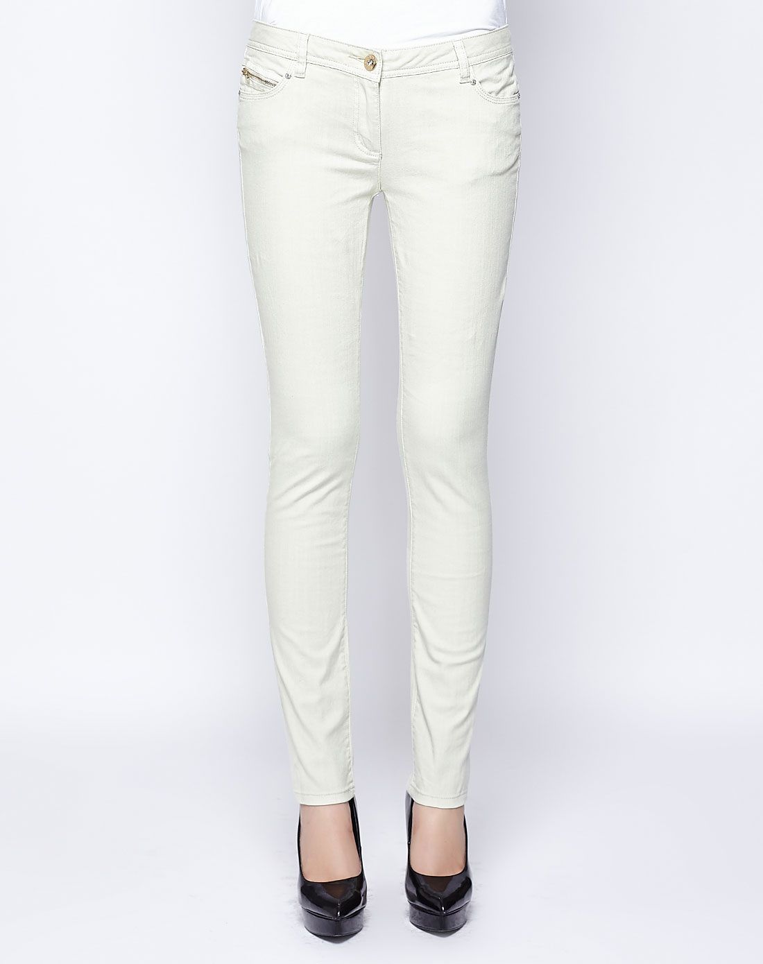 淡灰绿色时尚大方低腰牛仔长裤