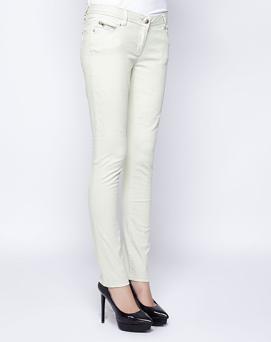 淡灰绿色时尚大方低腰牛仔长裤