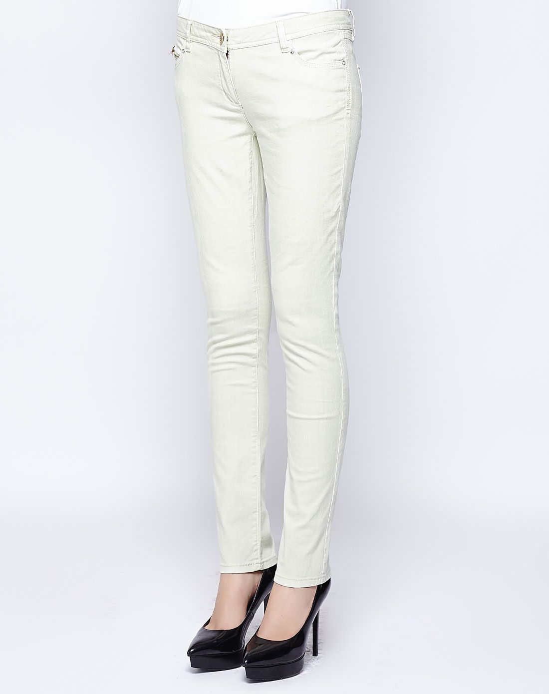 淡灰绿色时尚大方低腰牛仔长裤