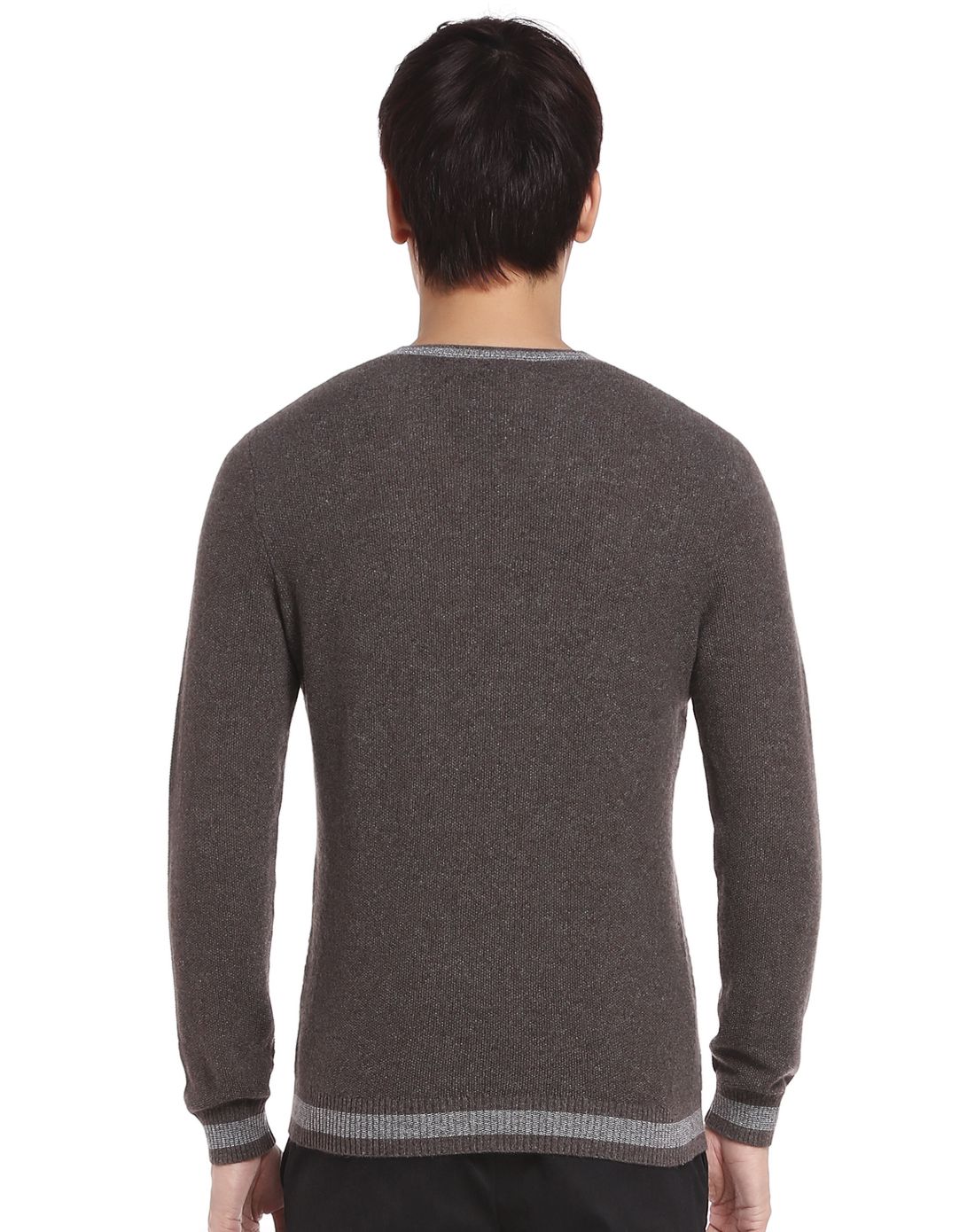 男款深驼灰色提花格子长袖山羊绒衫