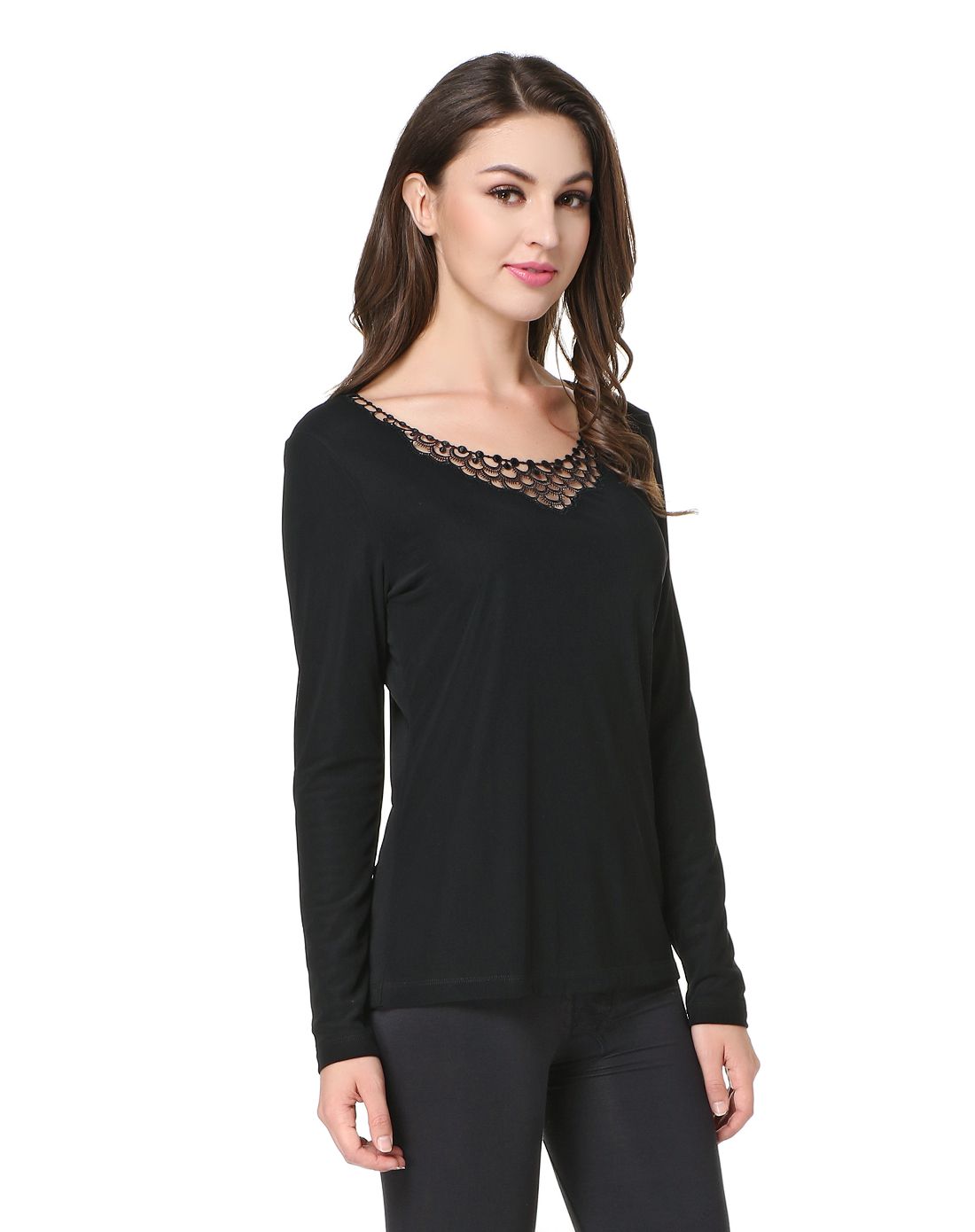 女圆领加暖长袖上衣黑色