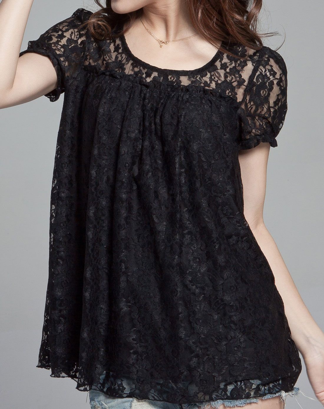 黑色蕾丝镂空优雅气质圆领短袖上衣