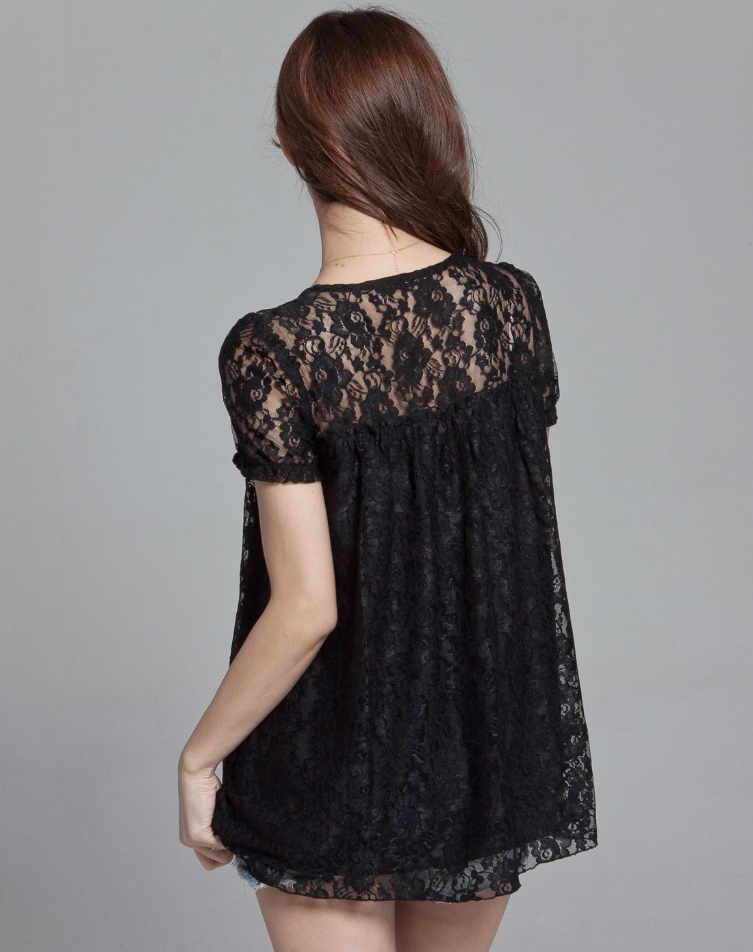 黑色蕾丝镂空优雅气质圆领短袖上衣