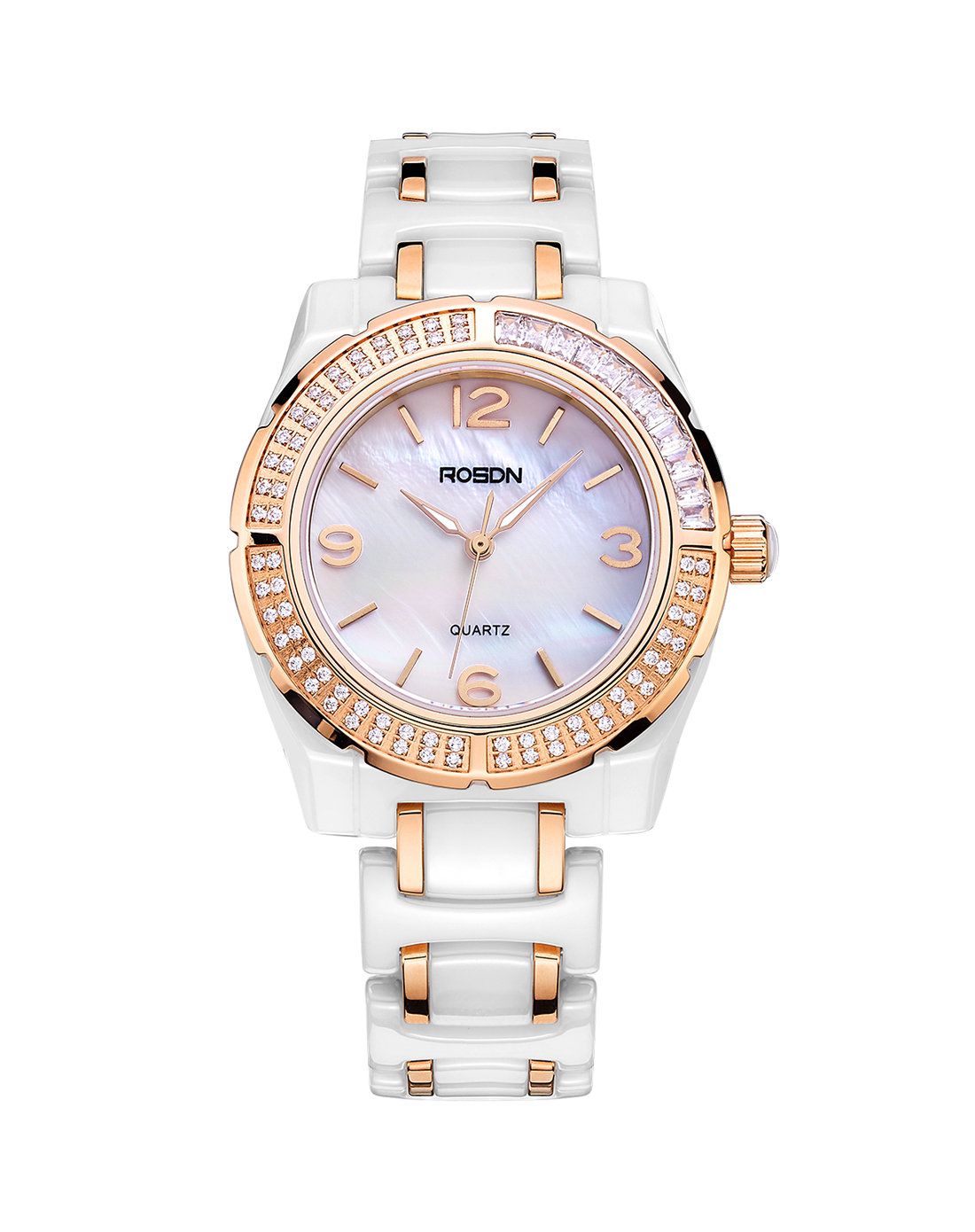 劳士顿rosdn 简约气质镶钻贝母陶瓷石英女表1195l白玫