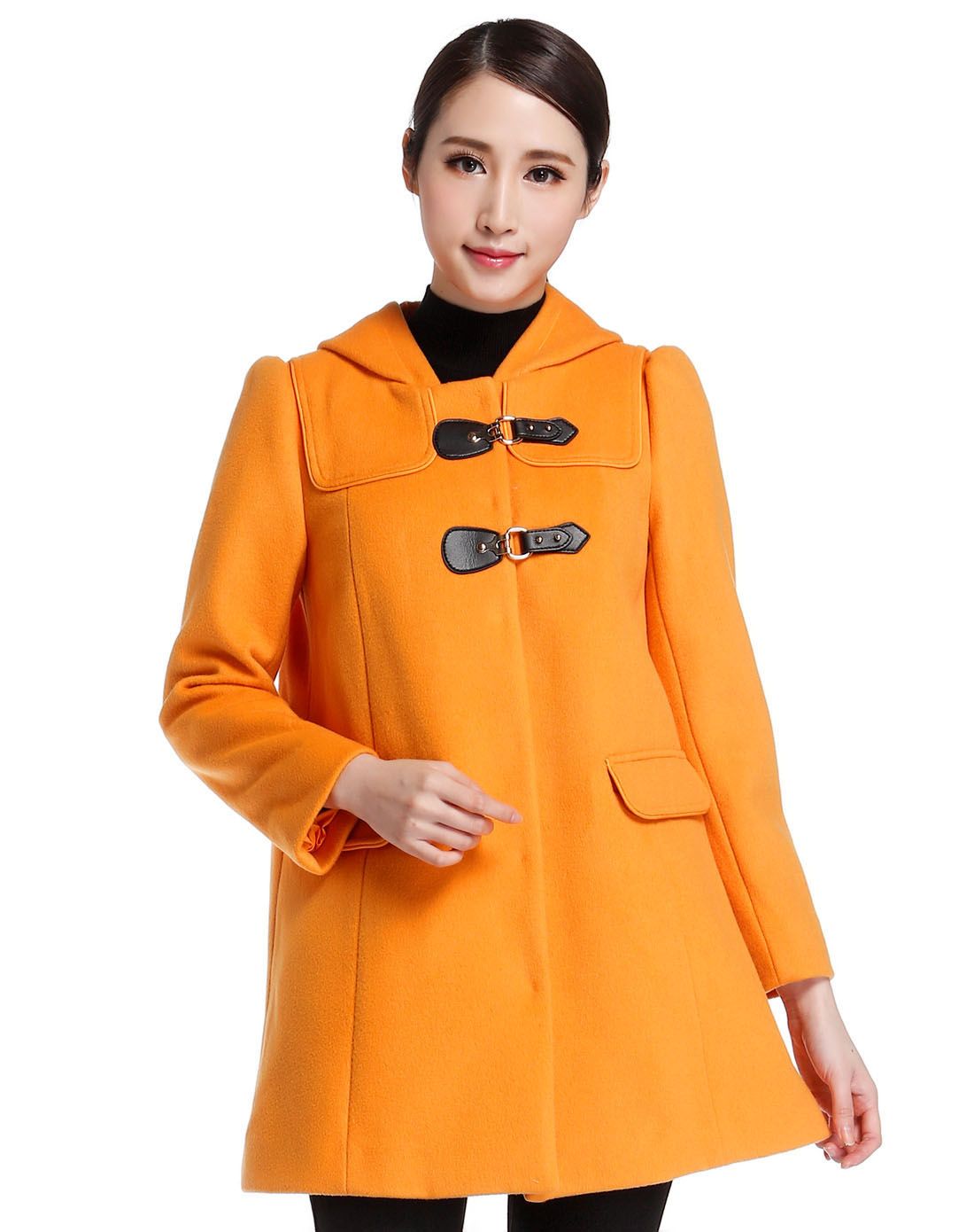 > 橙色气质文雅中长款长袖大衣